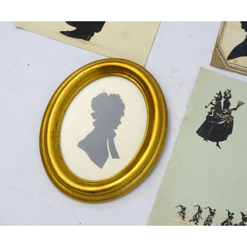 162 - Silhouettes : a quantity of assorted cut out silhouettes , a knight portrait , a framed oval and a p... 