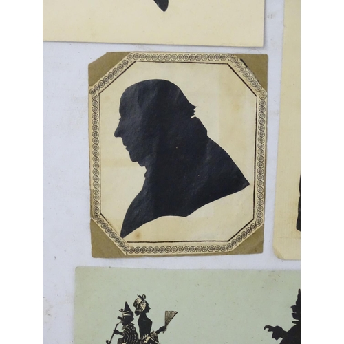 162 - Silhouettes : a quantity of assorted cut out silhouettes , a knight portrait , a framed oval and a p... 