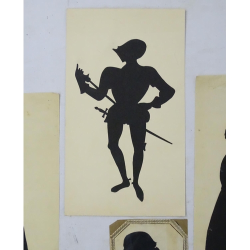 162 - Silhouettes : a quantity of assorted cut out silhouettes , a knight portrait , a framed oval and a p... 