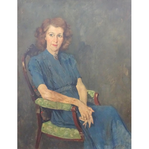 22 - Indistinctly Signed Mid XX Irish School Oil on canvas Portrait of a seated Red Haired Woman Signed a... 