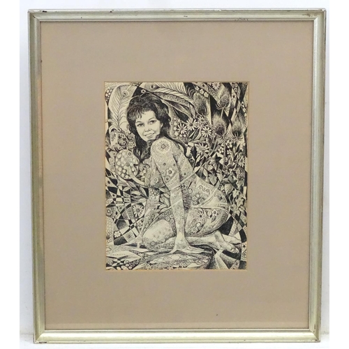 28 - Desmund Eric Walduck (1920-1995), Pen ink, ' Flower Power ' a crouching nude with flower head decora... 