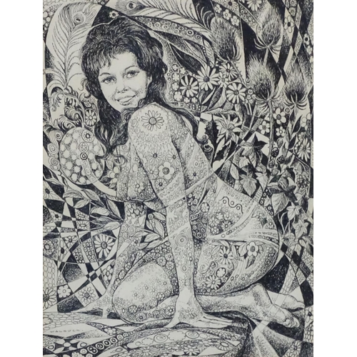 28 - Desmund Eric Walduck (1920-1995), Pen ink, ' Flower Power ' a crouching nude with flower head decora... 