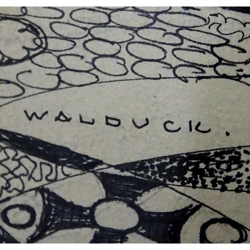 28 - Desmund Eric Walduck (1920-1995), Pen ink, ' Flower Power ' a crouching nude with flower head decora... 