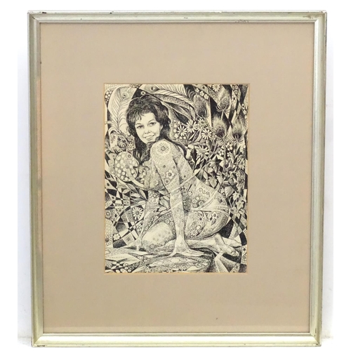 28 - Desmund Eric Walduck (1920-1995), Pen ink, ' Flower Power ' a crouching nude with flower head decora... 