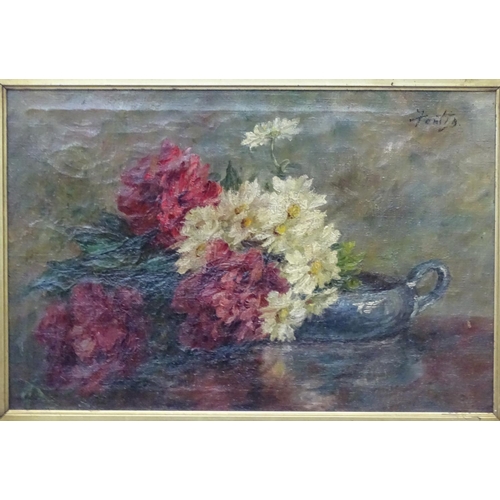 32 - Manner of Henri Fantin La Tour XIX-XX, Oil on canvas, Still life of summer blooms in a bowl, Signed ... 