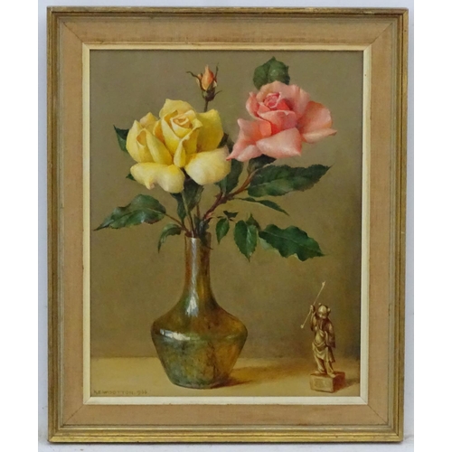 36 - KE Wootton XIX-XX, Oil on board, Still life of roses in a Loetz vase with Okimono, Signed and dated ... 