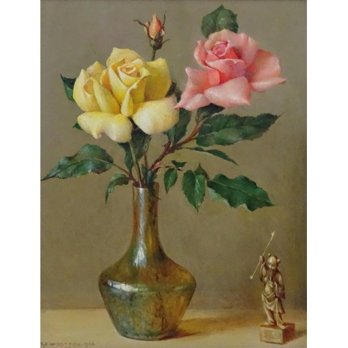 36 - KE Wootton XIX-XX, Oil on board, Still life of roses in a Loetz vase with Okimono, Signed and dated ... 