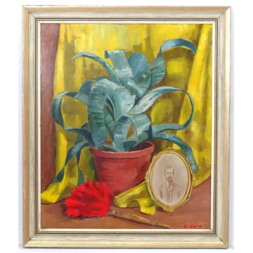 40 - Gil Smith mid XX, Oil on board, ' The Red Duster ' , still life of a cactus in a pot plus duster, Ti... 