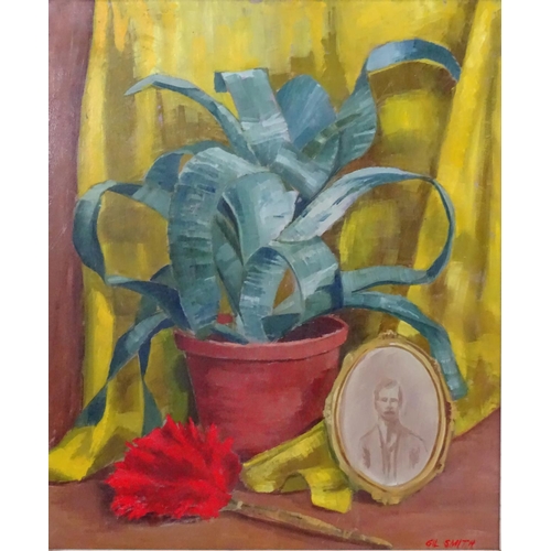 40 - Gil Smith mid XX, Oil on board, ' The Red Duster ' , still life of a cactus in a pot plus duster, Ti... 