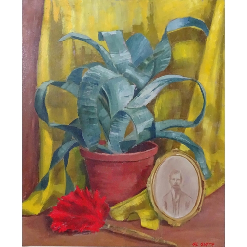 40 - Gil Smith mid XX, Oil on board, ' The Red Duster ' , still life of a cactus in a pot plus duster, Ti... 