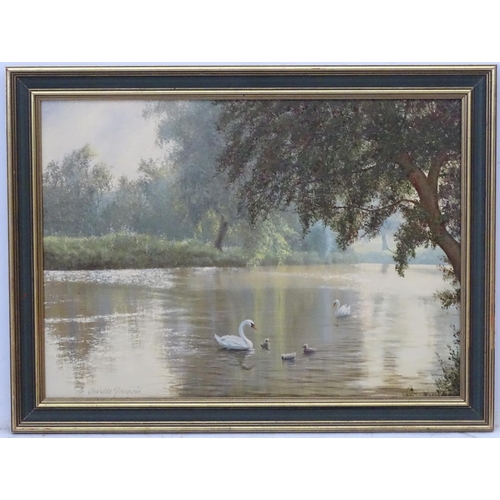 47 - Charles W Francis XX,? Oil on board, ? The River Test, Hampshire, swans and cygnets in the foregroun... 