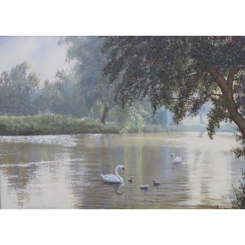 47 - Charles W Francis XX,? Oil on board, ? The River Test, Hampshire, swans and cygnets in the foregroun... 