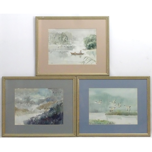 54 - Hoe , Burmese / Singapore XX Set of three watercolours, Landscapes with wildlife, Signed lower Appro... 