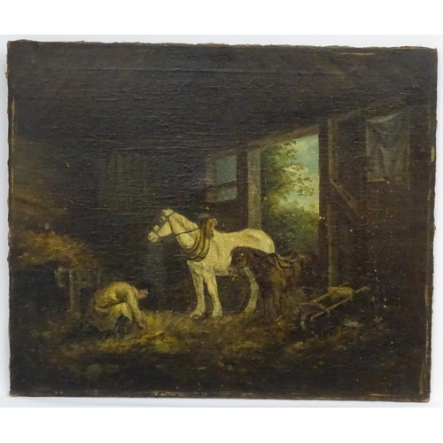 55 - Manner Of George Morland c. 1800, Oil on canvas, Horse, pony and figure wearing a smock, in a bucoli... 