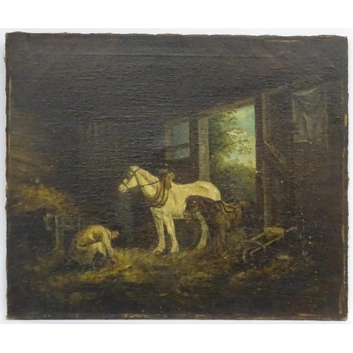 55 - Manner Of George Morland c. 1800, Oil on canvas, Horse, pony and figure wearing a smock, in a bucoli... 