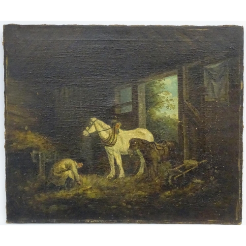 55 - Manner Of George Morland c. 1800, Oil on canvas, Horse, pony and figure wearing a smock, in a bucoli... 