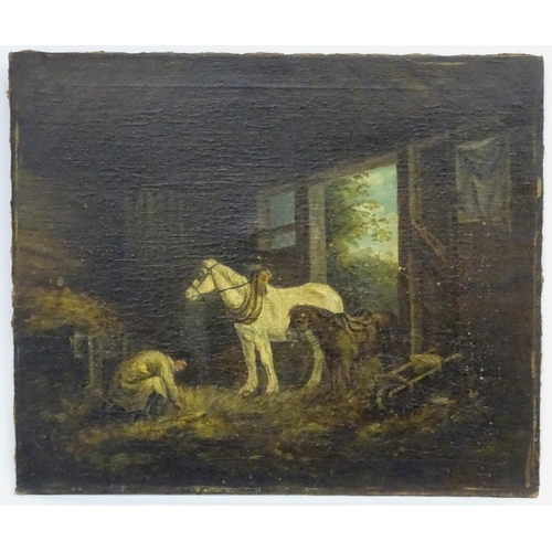 55 - Manner Of George Morland c. 1800, Oil on canvas, Horse, pony and figure wearing a smock, in a bucoli... 