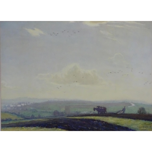 60 - Edwin Glasbey XIX-XX, Watercolour and pastille, 'Ploughing on the Hilltop ' a topographical scene wi... 