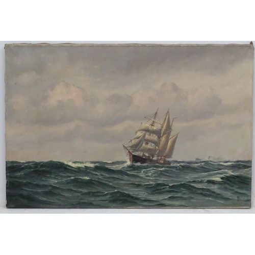 65 - Attributed to Paul Huber, Oil on canvas, A clipper ship under sail, a steamer toe distance,  Signed ... 