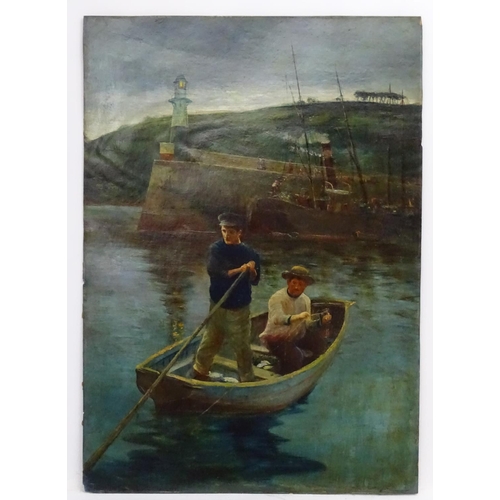 66 - Follower of Stanhope Forbes, Newlyn School early XX, Oil on board, Figures fishing in Newlyn Harbour... 