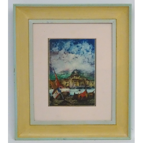 69 - R Lal ' 69  Italian, Relief oil on board, Fishing boats moored across the river, Signed and dated lo... 