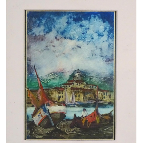 69 - R Lal ' 69  Italian, Relief oil on board, Fishing boats moored across the river, Signed and dated lo... 