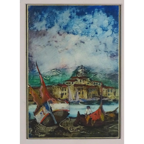 69 - R Lal ' 69  Italian, Relief oil on board, Fishing boats moored across the river, Signed and dated lo... 