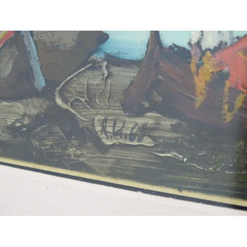 69 - R Lal ' 69  Italian, Relief oil on board, Fishing boats moored across the river, Signed and dated lo... 