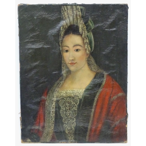 6A - 18thC French Provincial School / Spanish School, Oil on canvas, Portrait of a lady wearing lace trim... 