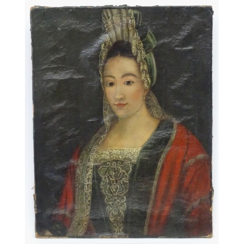 6A - 18thC French Provincial School / Spanish School, Oil on canvas, Portrait of a lady wearing lace trim... 