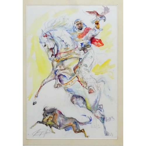 76 - Arab Falconning School , mid-Late XX, Watercolour, An Arab Horseman hunting with dogs and falcon in ... 