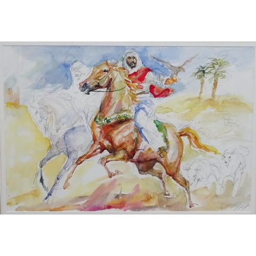 77 - Arab Falconning School , mid-Late XX, Watercolour, An Arab Horsemen, hunting with dogs and falcon in... 