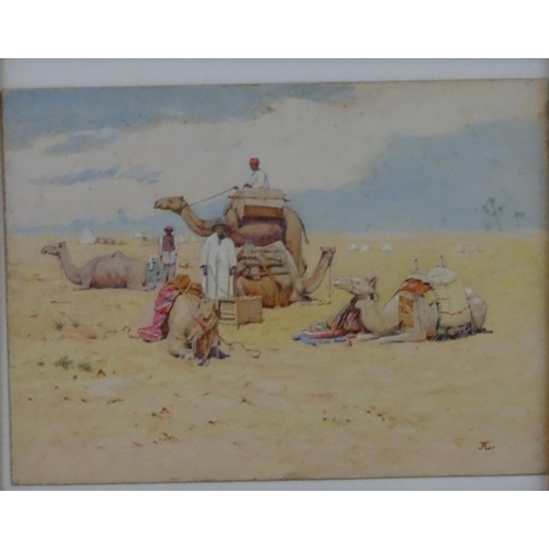 79 - Initialled, Continental School, Watercolour, Orientalist School, Camels and figures resting in the d... 