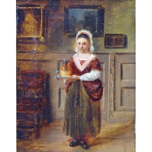 8 - Georgian portrait School, Oil on canvas, Portrait of a woman holding salver with saltglazed jug and ... 