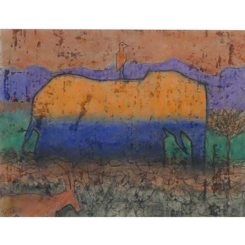 80 - Peta South XX African, Watercolour and Charcoal, Bull elephant etc. on the plains in the heat, Signe... 