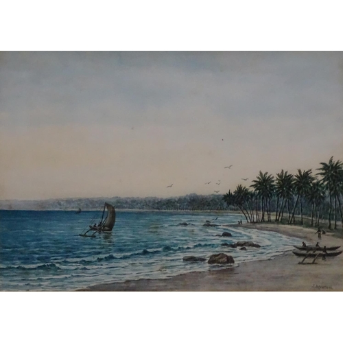 82 - James Ashton (1859-1935) Australian, Watercolour, Beach with out rigger boat, Signed lower right, 10... 