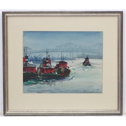 85 - Prescott M Jones (1904-1981)  American, Watercolour, New York Harbour, Staten Island Tug boats with ... 