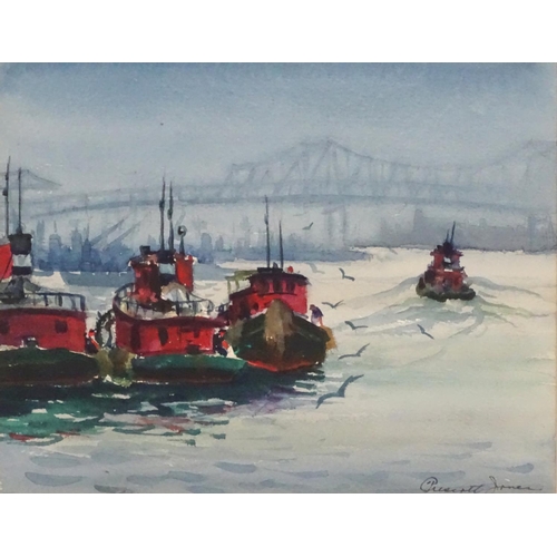 85 - Prescott M Jones (1904-1981)  American, Watercolour, New York Harbour, Staten Island Tug boats with ... 