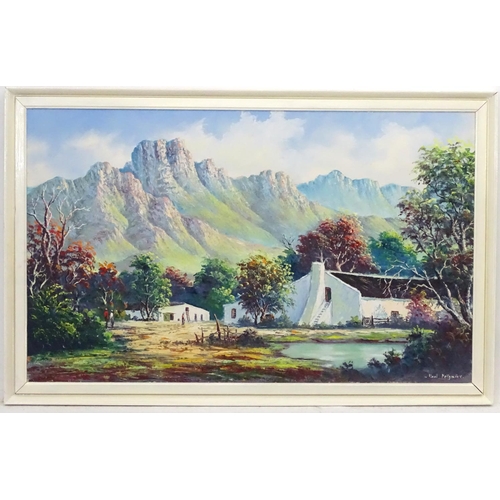 86 - Paul Potgieter XX South African, Oil on board, Figures and buildings at foot of a mountain range, Si... 