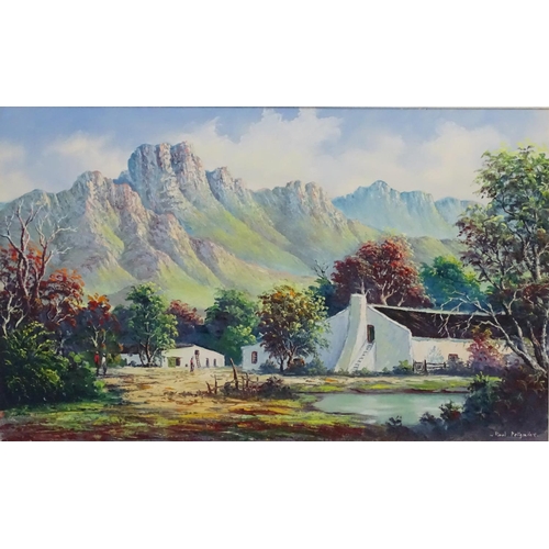 86 - Paul Potgieter XX South African, Oil on board, Figures and buildings at foot of a mountain range, Si... 