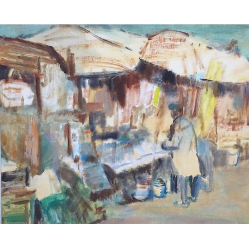 87 - Indistinctly Signed South African School, Acrylic on board, African Market stall, Signed lower left.... 