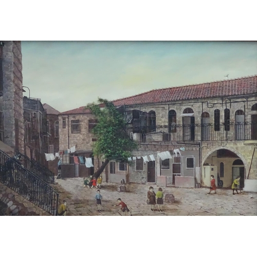 88 - Indistinctly signed XX Jewish School, Oil on canvas, A Jewish neighbourhood with children playing, S... 