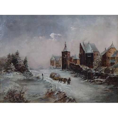 91 - JB 1889 German ?, Oil on canvas , a pair, The Old Watermill and horse and cart in the snow outside a... 