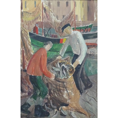 95 - C Priscilla Hanbury (1921-2008), Oil on canvas board, Unloading the catch , fisherman on the dock, B... 