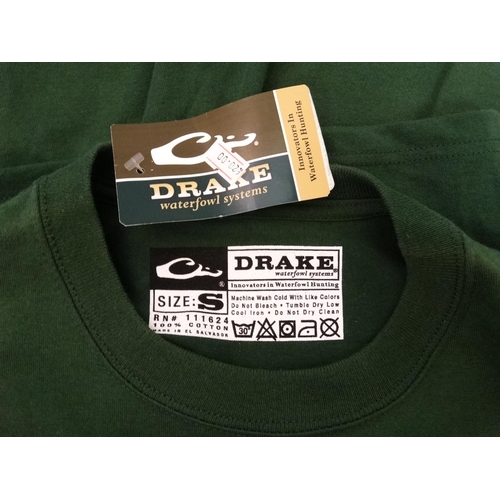 119 - 5 Drake Waterfowl (Square logo) T- shirts in forest green, four size S, one size M, some with tags (... 