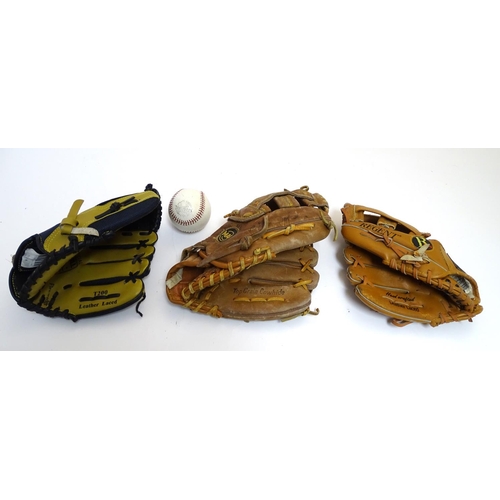 141 - Baseball : 3 various leather baseball gloves  together with a ball