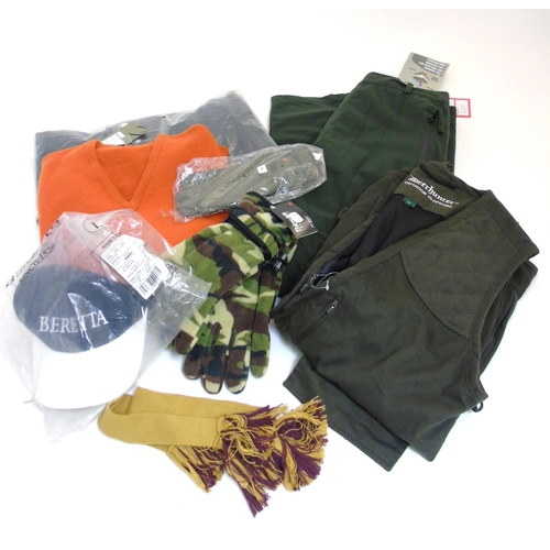 165 - A box of clothing to include, orange Laksen jumper size XL, Deerhunter ranger olive vest size M, Rid... 