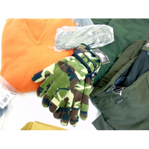 165 - A box of clothing to include, orange Laksen jumper size XL, Deerhunter ranger olive vest size M, Rid... 