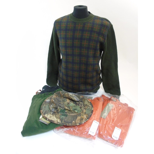 167 - A box of clothing to include 2 orange Laksen jumpers size 3 XL and 2 XL, pair of moss green trousers... 