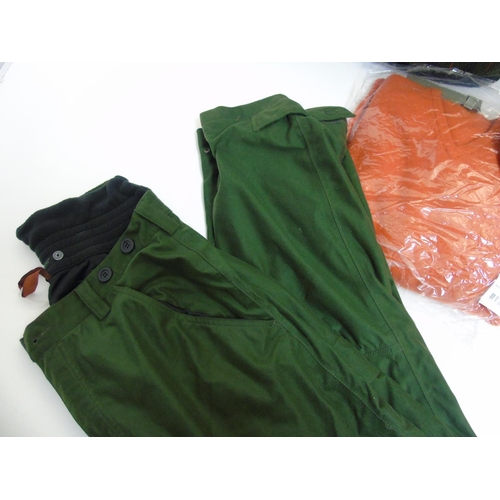 167 - A box of clothing to include 2 orange Laksen jumpers size 3 XL and 2 XL, pair of moss green trousers... 